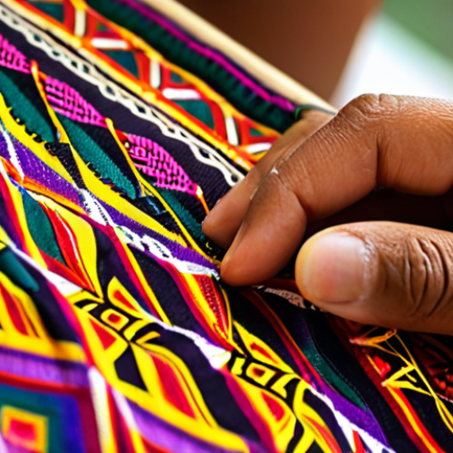 **

A close-up of hands weaving a traditional Malay pattern (e.g., *bunga tanjung* or *pucuk rebung*) on a *tenun* fabric, showcasing the intricate details and vibrant colors. Use natural lighting and a shallow depth of field to focus on the weaving process.

**