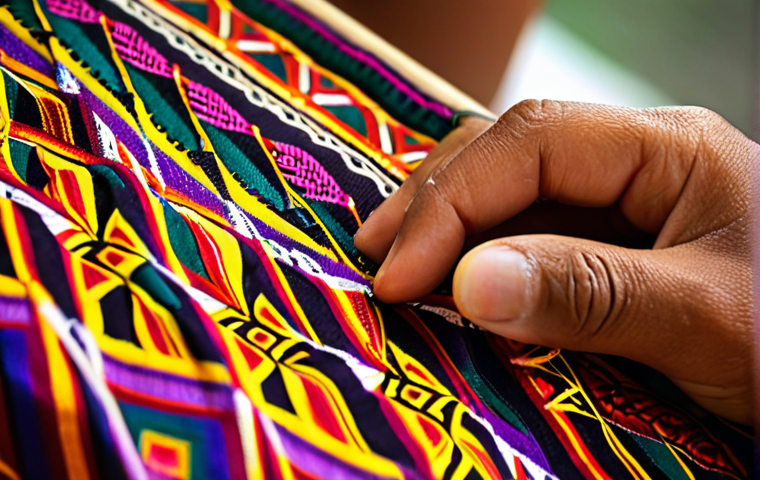 **
A close-up of hands weaving a traditional Malay pattern (e.g., *bunga tanjung* or *pucuk rebung*) on a *tenun* fabric, showcasing the intricate details and vibrant colors. Use natural lighting and a shallow depth of field to focus on the weaving process.
**