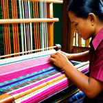 **

A skilled artisan in Terengganu, Malaysia, meticulously weaving a beautiful songket fabric on a traditional loom. Focus on the intricate details of the design and the vibrant colors, showcasing the cultural significance and craftsmanship of this ancient textile art.

**