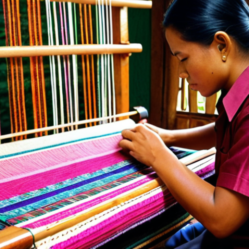 **

A skilled artisan in Terengganu, Malaysia, meticulously weaving a beautiful songket fabric on a traditional loom. Focus on the intricate details of the design and the vibrant colors, showcasing the cultural significance and craftsmanship of this ancient textile art.

**