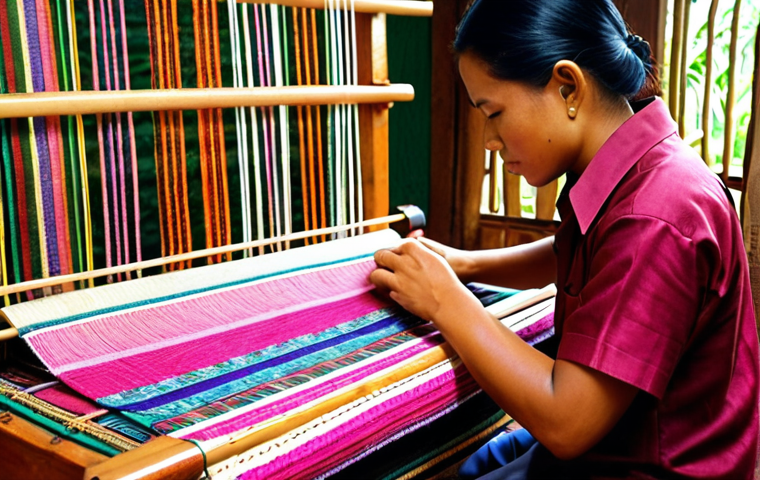 **
A skilled artisan in Terengganu, Malaysia, meticulously weaving a beautiful songket fabric on a traditional loom. Focus on the intricate details of the design and the vibrant colors, showcasing the cultural significance and craftsmanship of this ancient textile art.
**