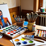 **

A variety of painting tools (brushes of different types, acrylic paints, watercolor paints, and oil paints) arranged on a wooden table. In the background, various papers, canvases, and artist's sketchbooks are stacked. The scene showcases art supplies for beginners.

**