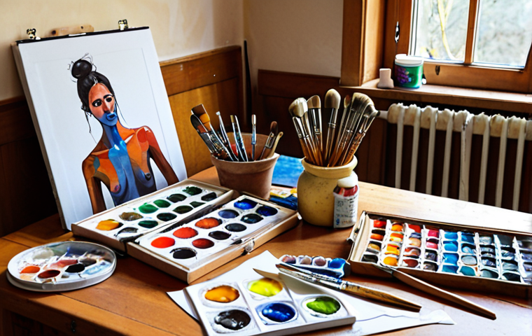**
A variety of painting tools (brushes of different types, acrylic paints, watercolor paints, and oil paints) arranged on a wooden table. In the background, various papers, canvases, and artist's sketchbooks are stacked. The scene showcases art supplies for beginners.
**