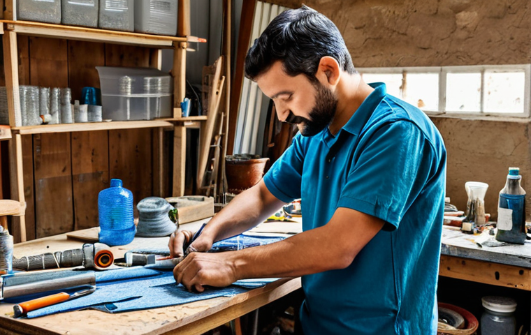 A skilled artisan, fully clothed in modest work attire, meticulously engaged in an upcycling project in a well-lit, organized workshop. They are thoughtfully transforming discarded materials, such as old fabric scraps and plastic bottles, into a new, functional item like a unique home decor piece. The environment is clean and professional, with tools neatly arranged on a workbench. Perfect anatomy, correct proportions, natural pose, well-formed hands, proper finger count. Professional photography, high quality, safe for work, appropriate content, fully clothed, family-friendly.